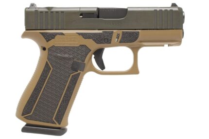 Glock 43X MOS 9mm Shark Coast Customs Happy Little Trees Edition Pistol with Custom Distressed Green Slide, FDE Lasered Frame