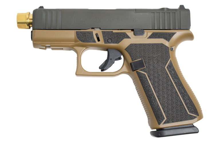 Glock 43X MOS 9mm Shark Coast Customs Happy Little Tree Edition Pistol w/ Gold Threaded Barrel