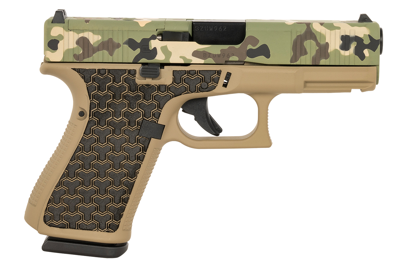142945-default-l Glock 19 Gen5 Compact 9mm Pistol with Hunter Camo Slide and Coyote Tan Frame