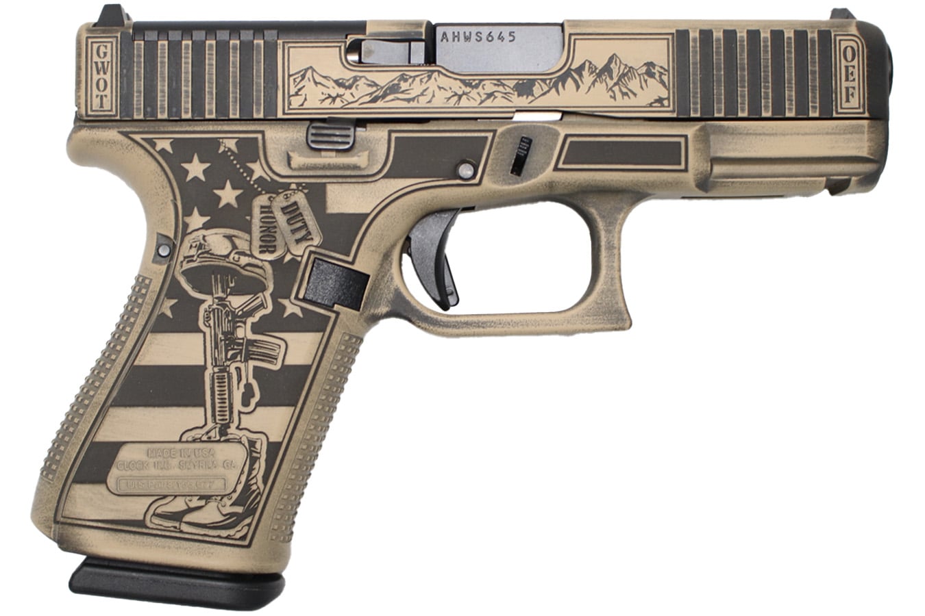 164880-default-l Glock 19 Gen5 MOS 9mm Pistol with Battlefield Cross Black/Tan Engraved Finish