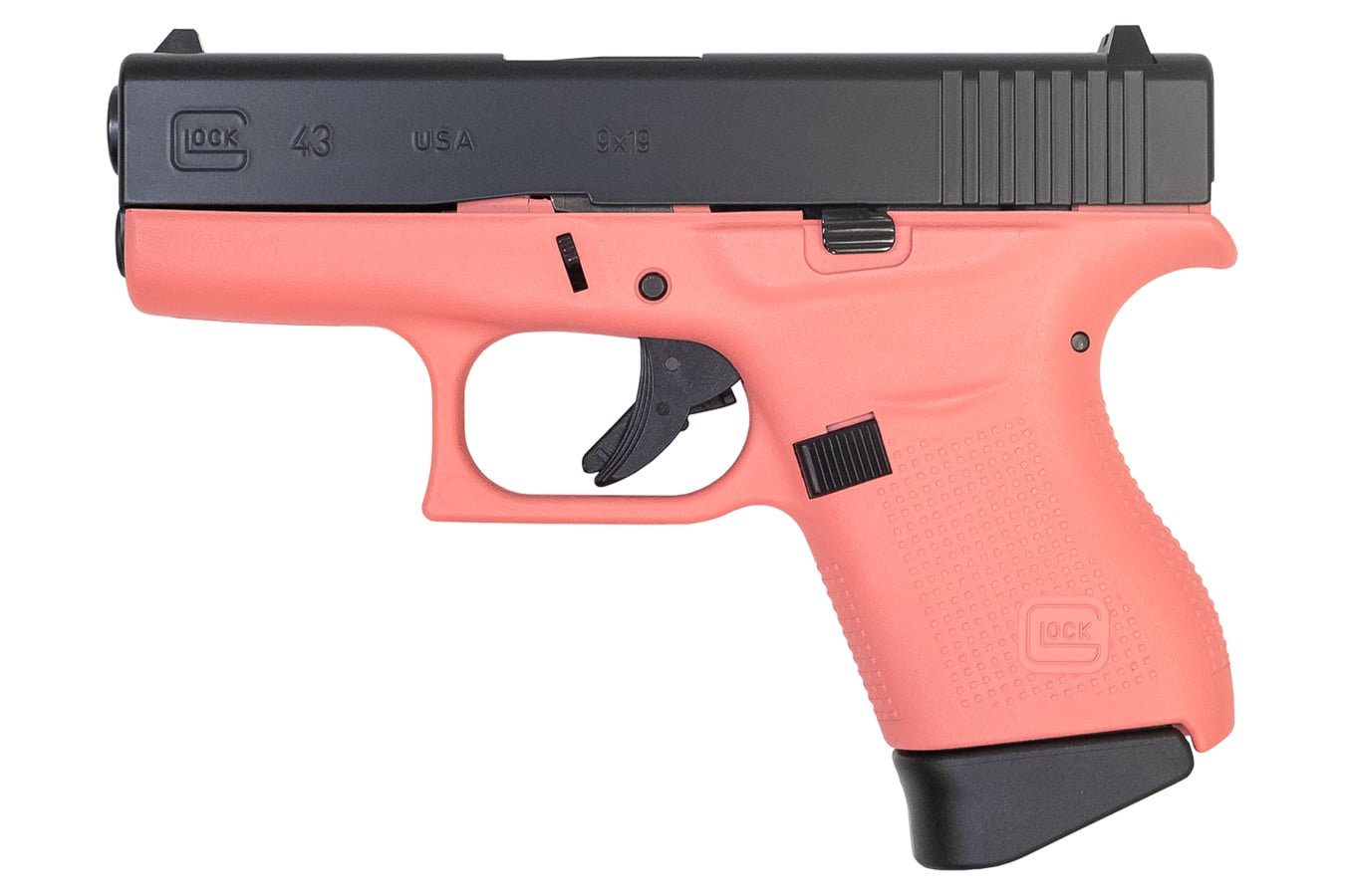 72468-default-l Glock 43 9mm Single Stack Pistol with Coral Cerakote Frame and Elite Black Cerakote Sl