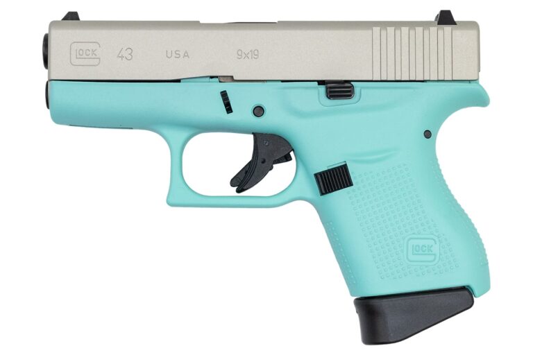 Glock 43 9mm Single Stack Pistol with Robins Egg Blue Cerakote Frame and Aluminum Cera