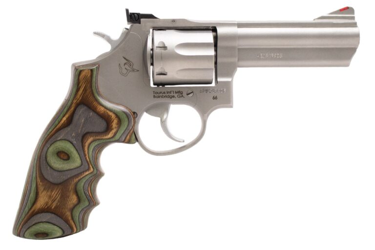 Taurus Model 66 357 Magnum Stainless Revolver with Laminated Camo Wood Grips and 4-Inch