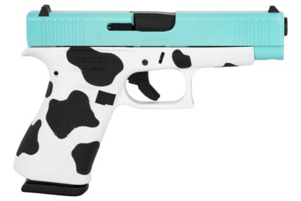 Glock 48 Gen5 9mm Pistol with Cow Print Frame and Robins Egg Blue Cerakote Slide