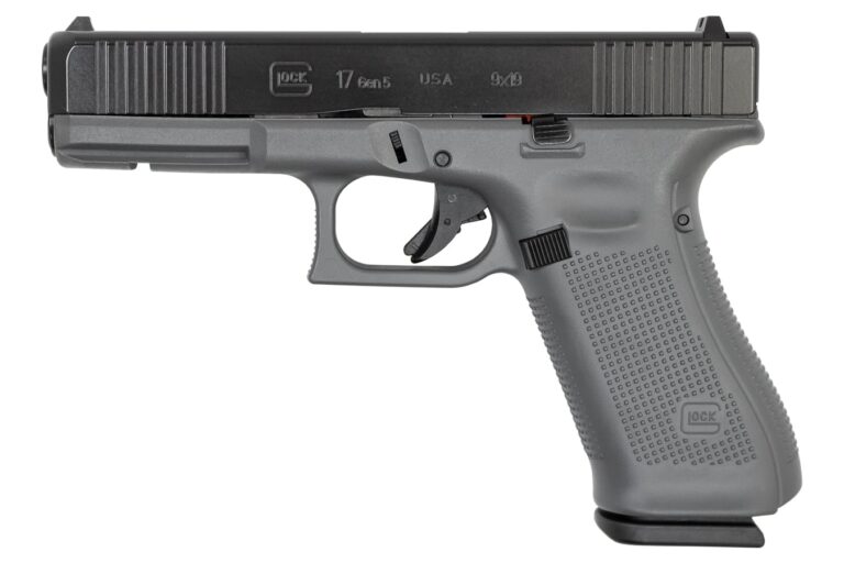 Glock 17 Gen5 9mm Pistol with Front Slide Serrations and Concrete Gray Frame