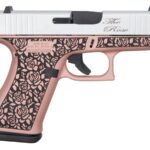 Glock 43X 9mm Semi-Auto Pistol with Cerakote Rose Gold Engraved Frame and Cerakote Shimmering Aluminum Slide