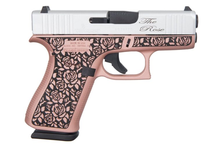 Glock 43X 9mm Semi-Auto Pistol with Cerakote Rose Gold Engraved Frame and Cerakote Shimmering Aluminum Slide