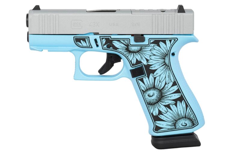 Glock G43X MOS 9mm Optic Ready Pistol with Blue Flower Engraved Finish