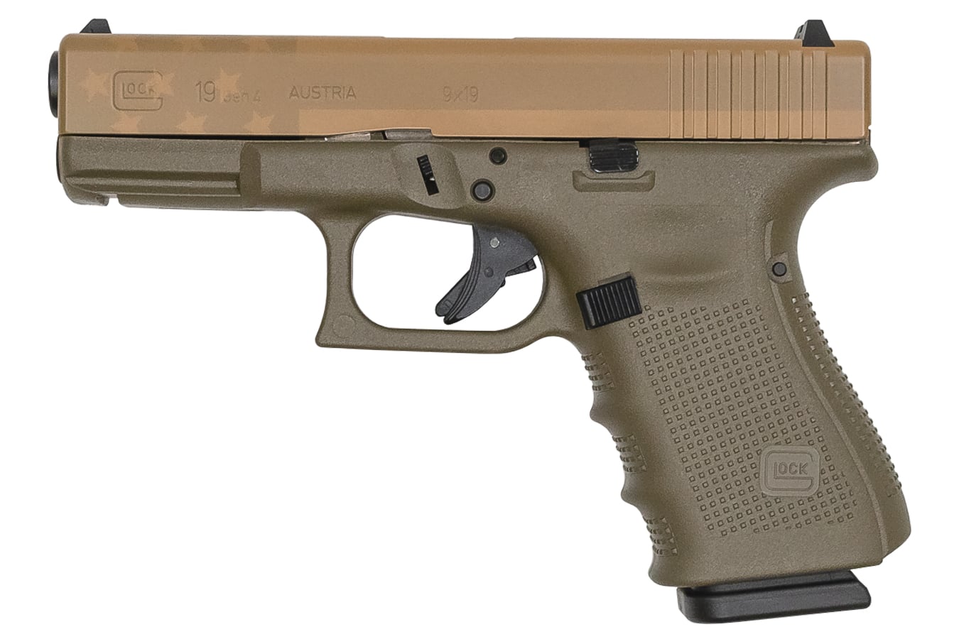 62061-default-l Glock 19 Gen4 9mm 15-Round Pistol with OD Green Frame and Tan American Flag Slide